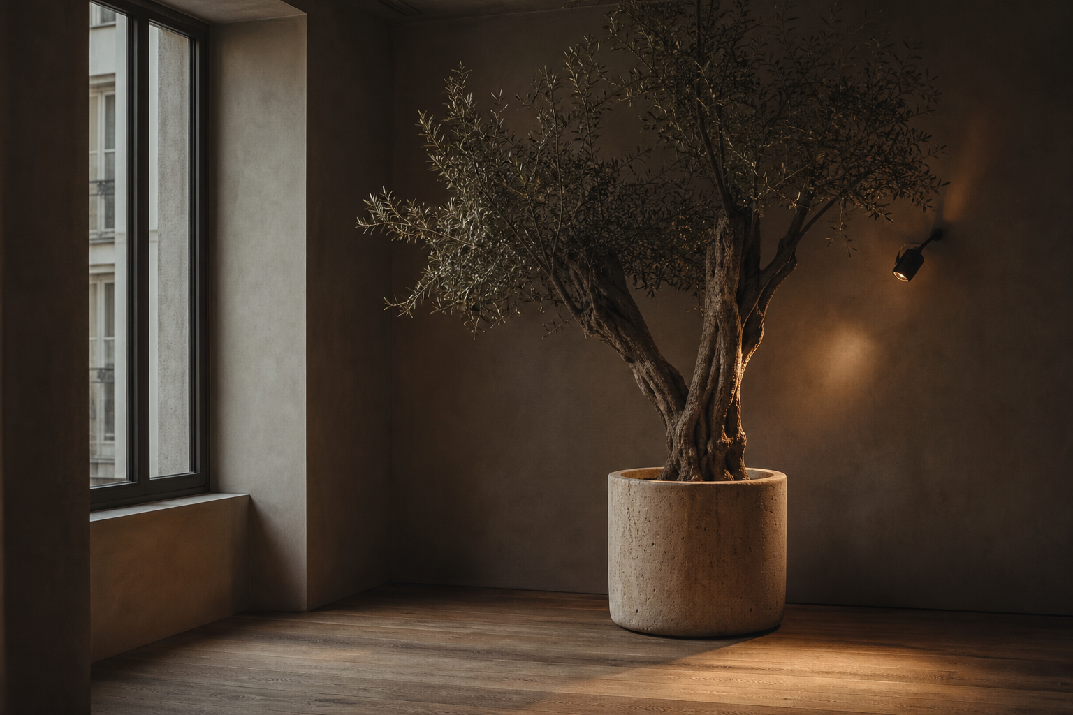 Brussels apartment corner in north light with deep window reveal, dark plaster walls, and a Maison Moya artificial olive tree as the focal piece