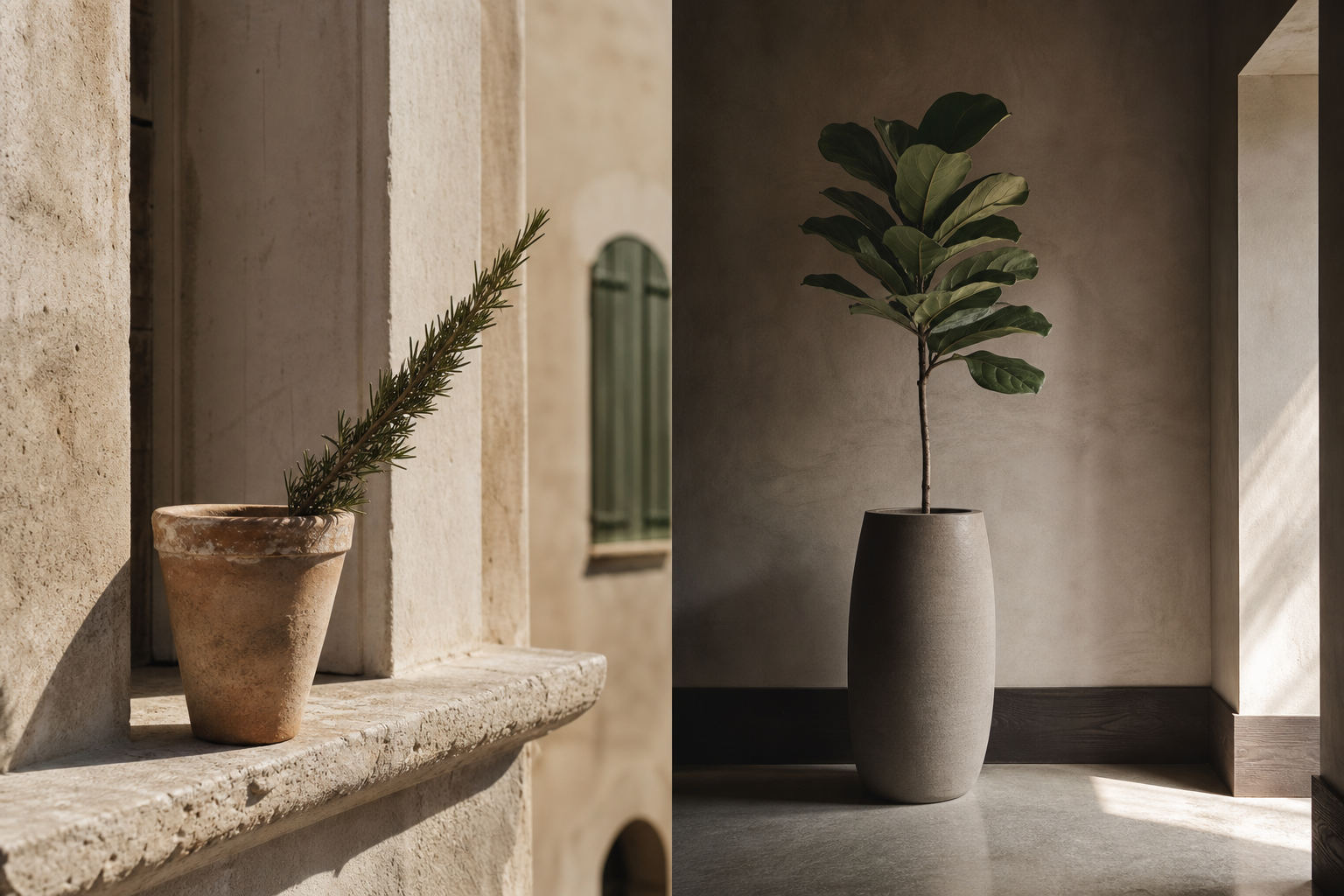 Editorial split composition, a weathered terracotta herb pot on a sun-lit Mediterranean windowsill on the left, a matte stoneware floor planter against a tadelakt wall on the right.