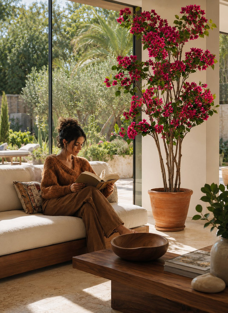 Bougainvillier en pot dans un salon lumineux, décoration végétale Maison Moya