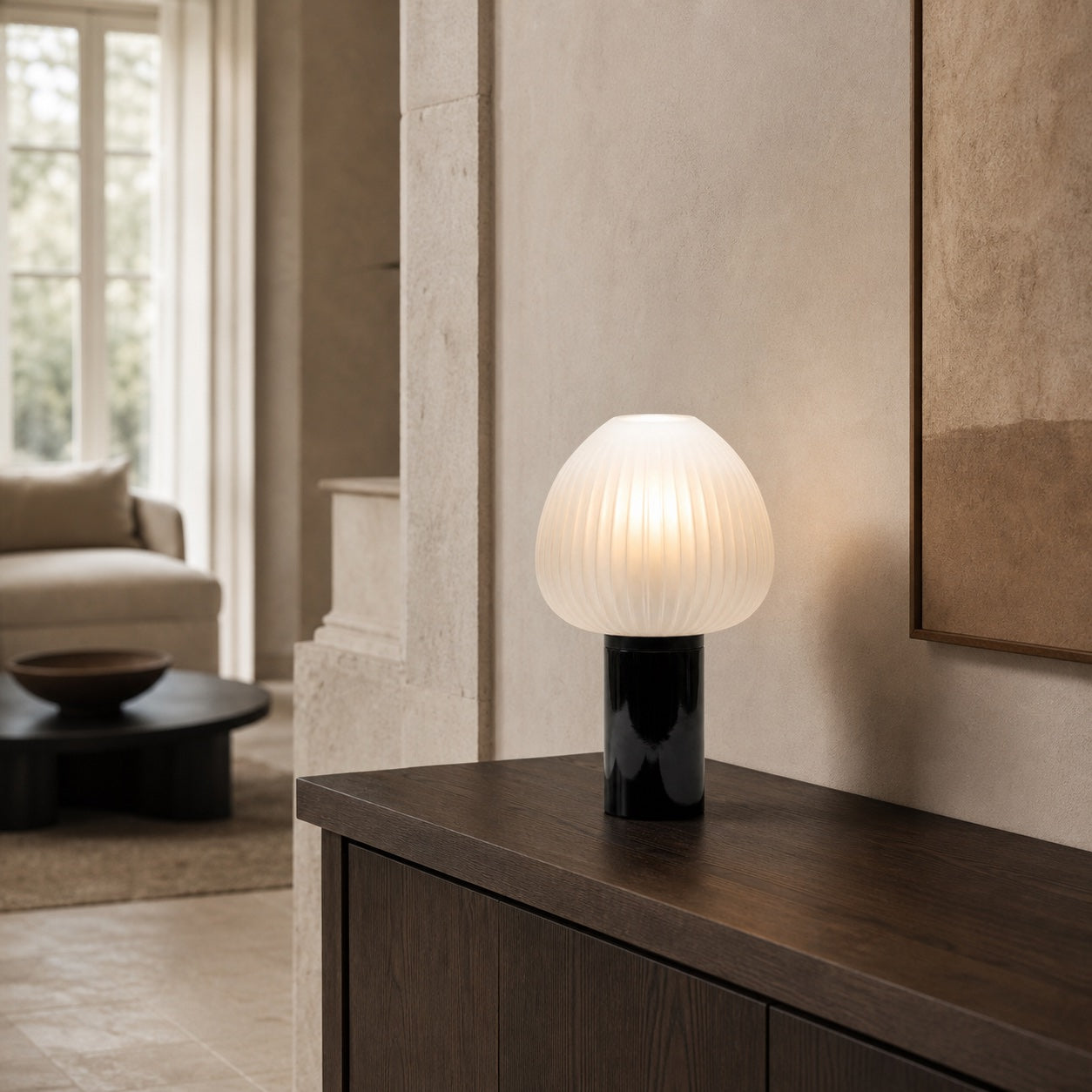 Lámpara de mesa Champignon de vidrio estriado